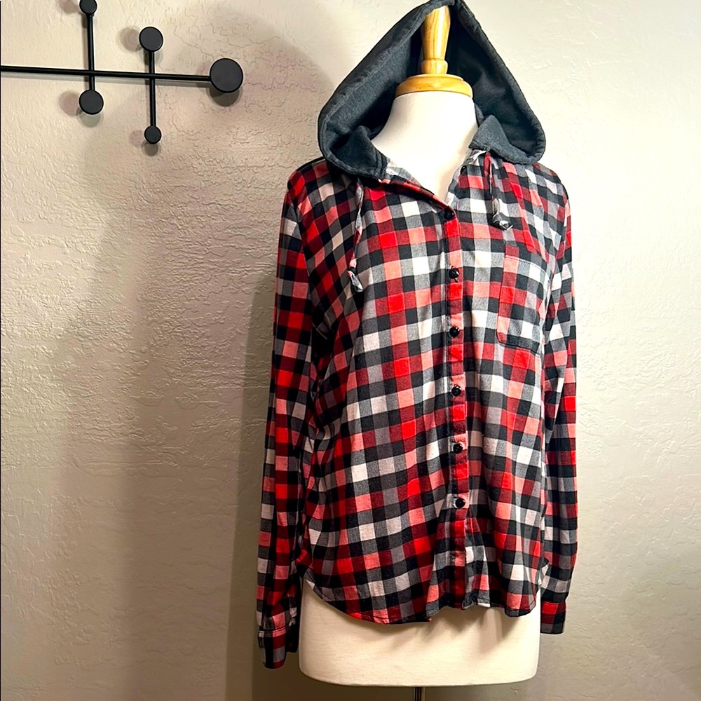 Red & Black Plaid Hooded Shirt
